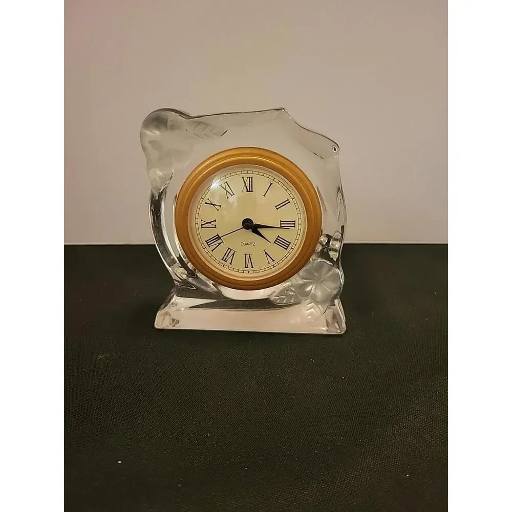 Small Heavy Glass Table Clock Quartz Movement Frosted Flowers 4.5